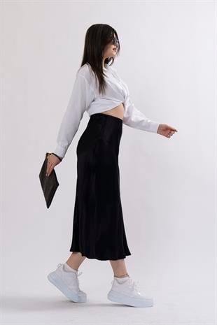 MissVina Saten Kumaş Beli Lastikli Desenli Etek 6679