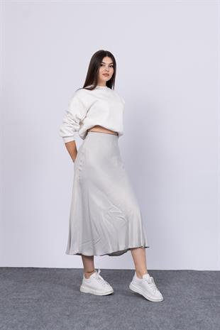 MissVina Saten Kumaş Beli Lastikli Desenli Etek 6679