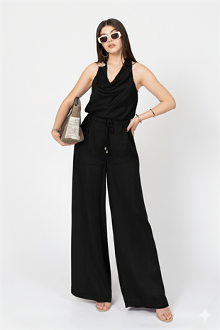 Modal Kumaş Hafifliği Degaje Yaka Detay ve Bol Paça Pantolon Takım 1227