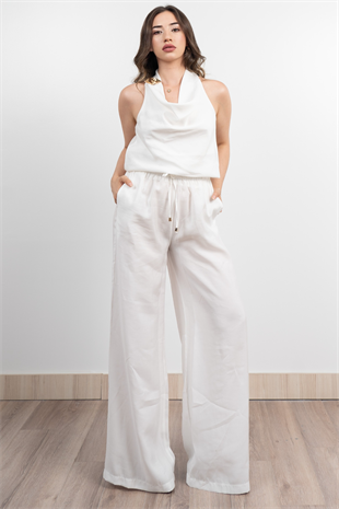 Tencel Kumaş Hafifliği Degaje Yaka Detay ve Bol Paça Pantolon Takım 1227