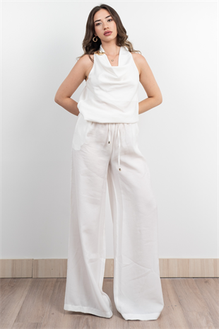 Tencel Kumaş Hafifliği Degaje Yaka Detay ve Bol Paça Pantolon Takım 1227