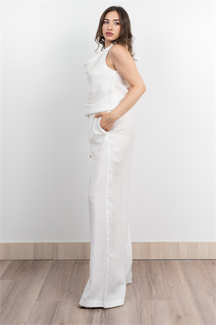 Tencel Kumaş Hafifliği Degaje Yaka Detay ve Bol Paça Pantolon Takım 1227