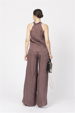 Tencel Kumaş Hafifliği Degaje Yaka Detay ve Bol Paça Pantolon Takım 1227