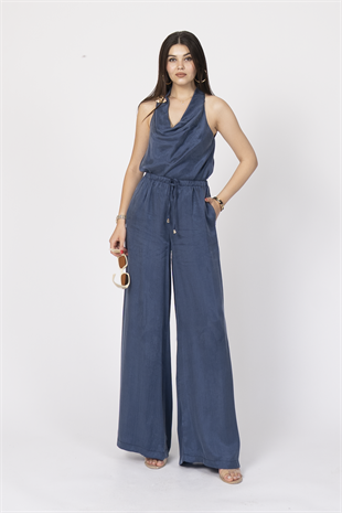 Tencel Kumaş Hafifliği Degaje Yaka Detay ve Bol Paça Pantolon Takım 1227
