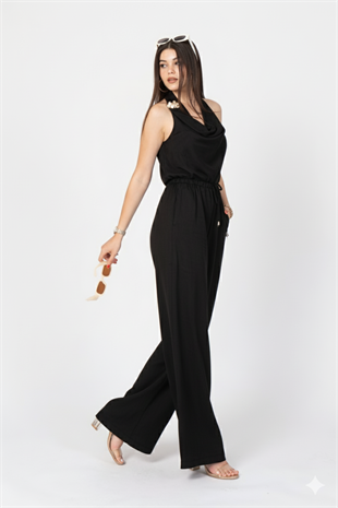 Modal Kumaş Hafifliği Degaje Yaka Detay ve Bol Paça Pantolon Takım 1227