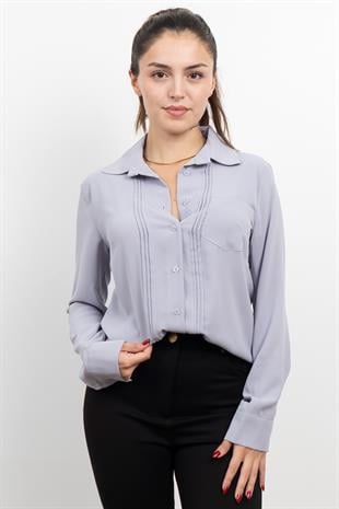 Nervür Dikişli Cepli Şifon Gömlek 7998