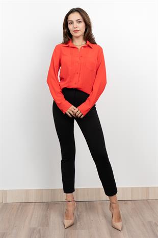 Nervür Dikişli Cepli Şifon Gömlek 7998