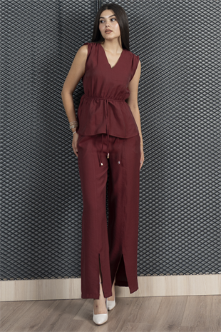 Omuzları Büzgülü Beli Lastikli V Yaka Bluz Ve Önden Yırtmaçlı  Beli Lastikli Cepli Pantolon Takım 1249