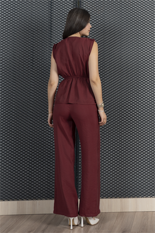 Omuzları Büzgülü Beli Lastikli V Yaka Bluz Ve Önden Yırtmaçlı  Beli Lastikli Cepli Pantolon Takım 1249