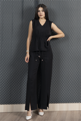 Omuzları Büzgülü Beli Lastikli V Yaka Bluz Ve Önden Yırtmaçlı  Beli Lastikli Cepli Pantolon Takım 1249