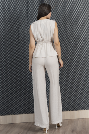 Omuzları Büzgülü Beli Lastikli V Yaka Bluz Ve Önden Yırtmaçlı  Beli Lastikli Cepli Pantolon Takım 1249