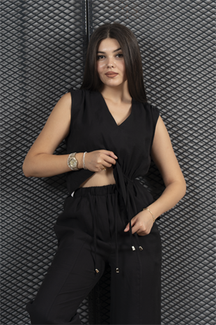 Omuzları Büzgülü Beli Lastikli V Yaka Bluz Ve Önden Yırtmaçlı  Beli Lastikli Cepli Pantolon Takım 1249