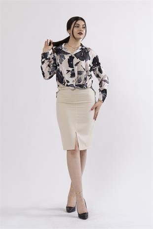 Ön Alt Ucu Drapeli Bağlı Saten Gömlek 7954