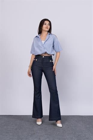 Ön Süs Cepli Düğme Detaylı Denim Likralı Pantolon 30173