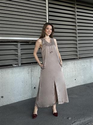 Ön V Yaka Fiyonklu Yırtmaçlı Uzun Elbise 50318