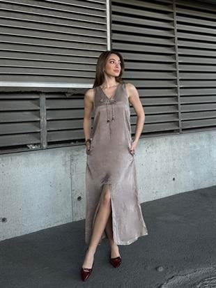 Ön V Yaka Fiyonklu Yırtmaçlı Uzun Elbise 50318