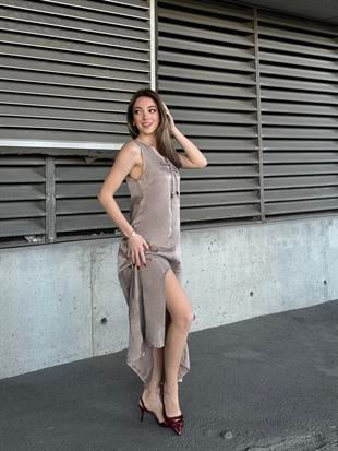 Ön V Yaka Fiyonklu Yırtmaçlı Uzun Elbise 50318