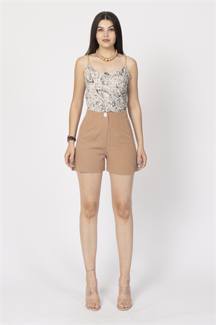 Önü Çift Pensli Süs Cepli Yüksek Bel Kısa Şort 30155