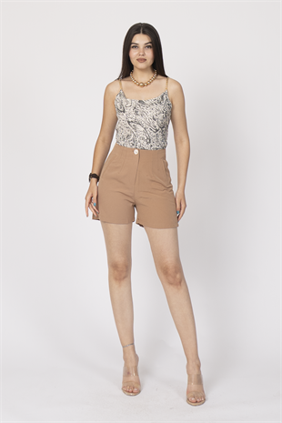Önü Çift Pensli Süs Cepli Yüksek Bel Kısa Şort 30155