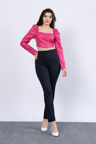 Önü Taş İşlemeli Çelik Örme Tayt Pantolon 30199