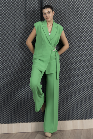 Oversize Kuşak Detaylı Yelek ve Bol Paça Cepli Pantolon Takım 1238