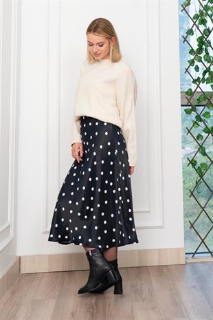 Puantiyeli Beli Lastikli Saten Viskon Etek 6822