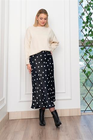 Puantiyeli Beli Lastikli Saten Viskon Etek 6822