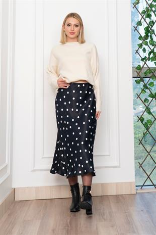 Puantiyeli Beli Lastikli Saten Viskon Etek 6822