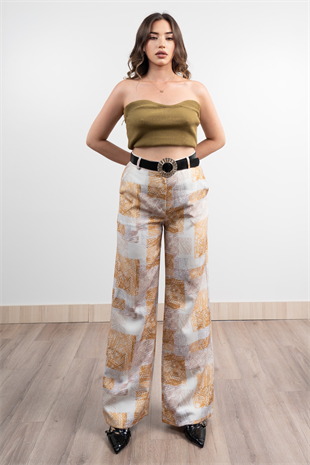 Renkli Bol Paça Kemerli ve Cepli Kumaş Pantolon 30031