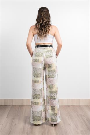 Renkli Bol Paça Kemerli ve Cepli Kumaş Pantolon 30031