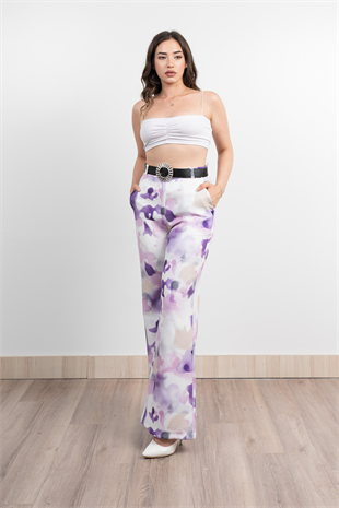 Renkli Bol Paça Kemerli ve Cepli Kumaş Pantolon 30031