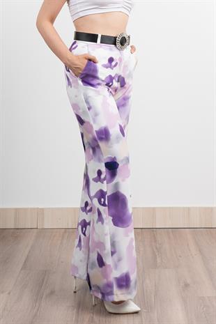 Renkli Bol Paça Kemerli ve Cepli Kumaş Pantolon 30031