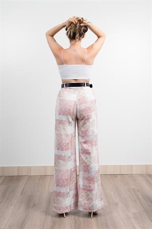 Renkli Bol Paça Kemerli ve Cepli Kumaş Pantolon 30031