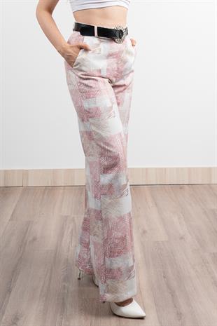 Renkli Bol Paça Kemerli ve Cepli Kumaş Pantolon 30031