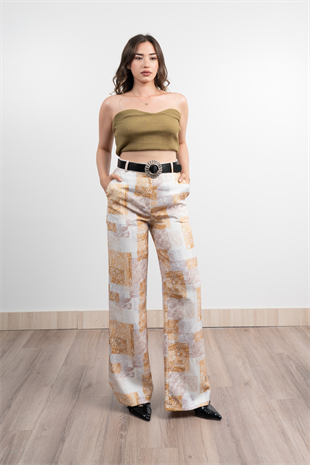 Renkli Bol Paça Kemerli ve Cepli Kumaş Pantolon 30031