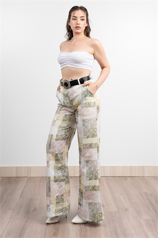 Renkli Bol Paça Kemerli ve Cepli Kumaş Pantolon 30031