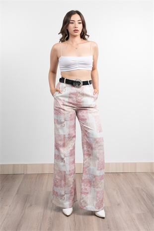 Renkli Bol Paça Kemerli ve Cepli Kumaş Pantolon 30031