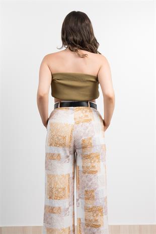 Renkli Bol Paça Kemerli ve Cepli Kumaş Pantolon 30031