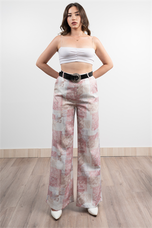 Renkli Bol Paça Kemerli ve Cepli Kumaş Pantolon 30031