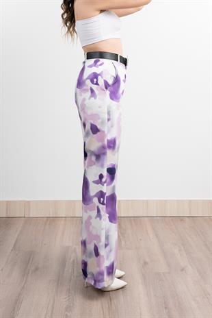 Renkli Bol Paça Kemerli ve Cepli Kumaş Pantolon 30031