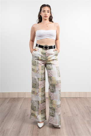 Renkli Bol Paça Kemerli ve Cepli Kumaş Pantolon 30031