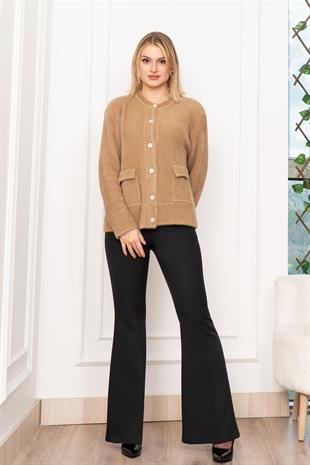 Sahte Dikiş Detaylı Yün Sakal Taş Düğmeli Hırka 25202