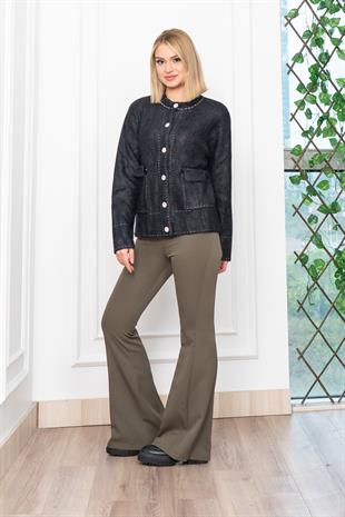 Sahte Dikiş Detaylı Yün Sakal Taş Düğmeli Hırka 25202