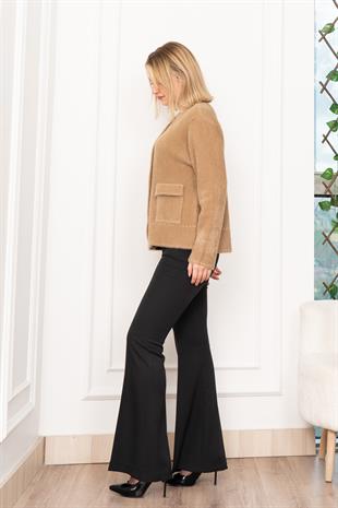 Sahte Dikiş Detaylı Yün Sakal Taş Düğmeli Hırka 25202