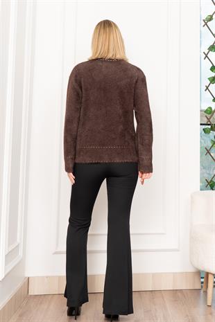 Sahte Dikiş Detaylı Yün Sakal Taş Düğmeli Hırka 25202