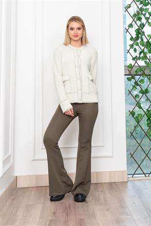 Sahte Dikiş Detaylı Yün Sakal Taş Düğmeli Hırka 25202