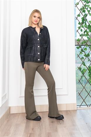 Sahte Dikiş Detaylı Yün Sakal Taş Düğmeli Hırka 25202