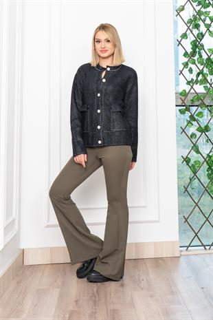 Sahte Dikiş Detaylı Yün Sakal Taş Düğmeli Hırka 25202