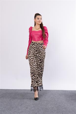Saten Leopar Dantelli Uzun Etek 6750
