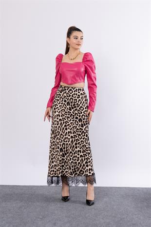Saten Leopar Dantelli Uzun Etek 6750